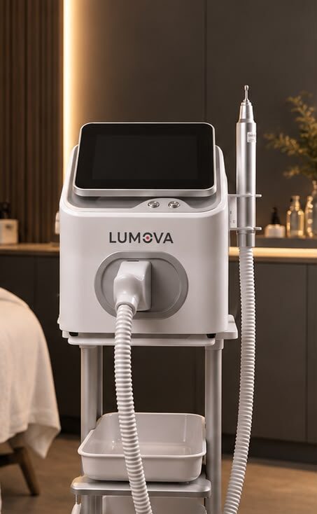 White Lumova Q-switched Nd:YAG laser unit set up in a treatment room